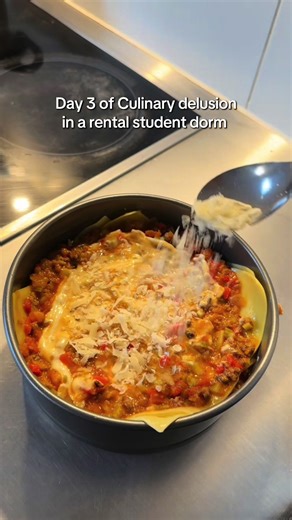 Day 3 of Culinary delulus in my rental student dorm . . . . . could not find any trays so here is a lasagna cake 🤩 #cake #fyp #lasagna #pov #internationalstudent