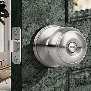 Moquin Privacy Door Knob with Lock, Keyless Interior Flat Ball Door Knob for Bathroom or Closet, Satin Nickel