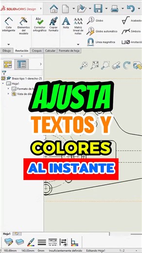 🎯 Ajusta textos y colores al instante (el truco que hace brillar tus planos en SolidWorks) Si estás empezando en SolidWorks, seguro te ha pasado esto: 👉 Añades un texto… pero queda gigante o diminuto. 👉 Cambias un color y solo se actualiza en una vista, no en todo el formato. 👉 Tu plano se ve apagado, desordenado o poco profesional. La mayoría de principiantes no sabe que hay formas rápidas y precisas de ajustar textos y colores al instante. Y este detalle, aunque parece pequeño, transforma 