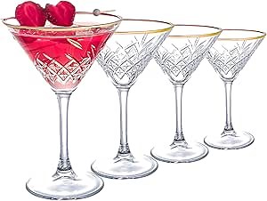 Vintage Martini Glasses Set of 4. Gold Rimmed Cocktail, Espresso, Martini, Margarita, Prosecco, Coupe, Champagne Glasses with Long Stem.(7.7oz/230ml)