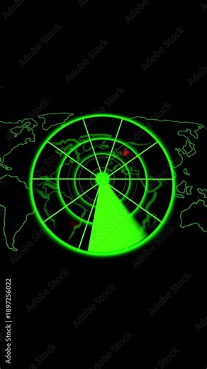 Green Radar Display with World Map and Red Target on a animated Black Background screen earth, green Sonar radar animation with map on Transparent Alpha Background, digital radar interface animation.