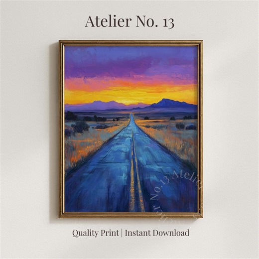 Route 66 Highway Sunset Painting - Moody Vintage Landscape, Dramatic Road Scene Art, Surreal Travel Printable, Digital Wall Download 561 - Etsy