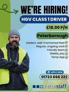 4.2K views · 70 shares |  HGV Class 1 Drivers Needed NOW! £18/hr — New Fleet  | Steady Work  | Great Team   Peterborough  Apply via DM  01733 666222  WhatsApp: 07384 216616 Don’t wait — join a team that values its drivers!  | Extrastaff Peterborough | Facebook