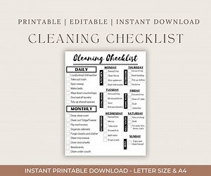 FULLY EDITABLE Daily, Weekly, Monthly Cleaning Checklist CUSTOMIZABLE | Schedule | To-do List | Check off Clean Routine | Home House Chores - Etsy