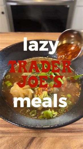 Chris • Ⓥ on Instagram: "SWEET & SPICY DUMPLING SOUP - Welcome back to another episode of Lazy Trader Joe’s Meals from archive. This perfect soul-warming soup is ready in 30 minutes or less. Here’s the recipe: 1 tbsp chili crunch, plus more for topping 5 green onions, white and light green pieces only, darker green for garnish 3 cloves garlic 2 tsp ginger 1 pack stir-fry veggies 1/4 cup soyaki sauce or soy sauce (if you don’t want the sweetness) 4-8 cups ginger miso broth (adjust according to ho