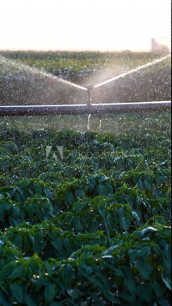 Irrigation Sprinkler System Waters Pepper Plants on Farmland. Crops are Irrigated with High-pressure Sprinklers Set in the Field. Wheel Line Irrigation System Watering Crops on Agricultural Field.
