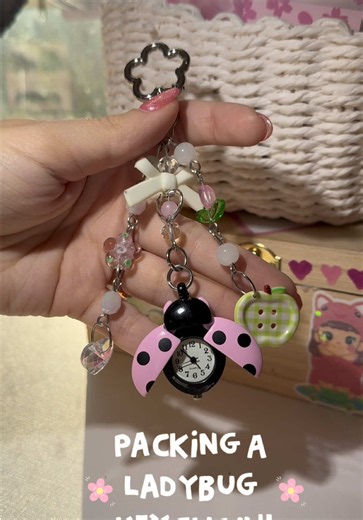 packing a pink ladybug pocket watch keychain! 🐞°❀⋆.ೃ࿔*:･#ladybug #kawaii #whimsical #trinkets
