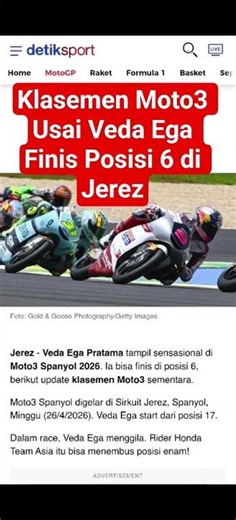 Klasemen Moto3 Usai Veda Ega Finis Posisi 6 di Jerez