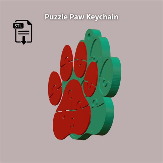 Puzzle Paw Keychain STL File | Multi-Color 3D Print Design (Digital Download)