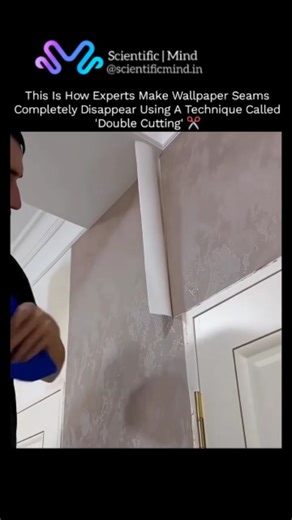 Scientific | Mind™ on Instagram: "Every flawless wallpaper finish starts with a precision cut that has to be perfect on the first try 🎯🔎 Professionals use a method called double cutting to eliminate visible seams. Instead of aligning two wallpaper panels edge to edge, installers deliberately overlap them by a small amount. This overlap allows both layers to be sliced in a single, controlled cut using a sharp blade and a straightedge. When the top and bottom waste strips are removed, the edges 