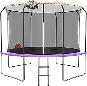 12FT Trampoline with Basketball Hoop and LED Lights, Trampolines for Kids and Adults, Trampoline Outdoor with Net, ASTM Approved, Purple