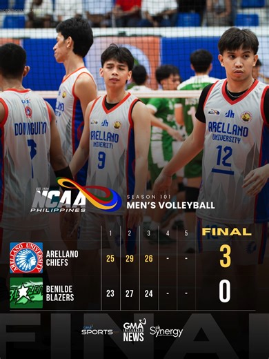 HEART OF A CHAMPION 💙 FINAL: The Arellano Chiefs showcase their dominance over the Benilde Blazers, winning in straight sets! #NCAASeason101 #GMASports #BuildingGreatness #NCAA101 #SportsOnTikTok