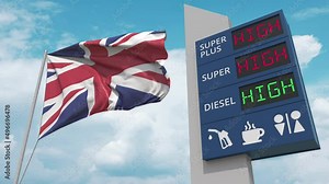 Gas station sign board with rising fuel prices and national flag of the UK, conceptual 3D animation