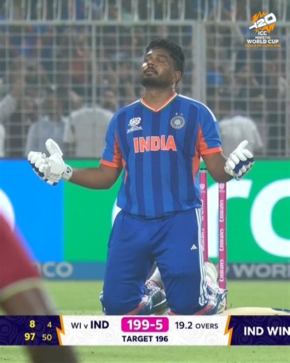 Take a bow, Sanju Samson 🙌 He hits the winning four and punches India's ticket to the semi-finals 👏 #T20WorldCup broadcast details ➡️ https://www.icc-cricket.com/tournaments/mens-t20-world-cup-2026/news/all-the-broadcast-details-for-icc-men-s-t20-world-cup-2026 | ICC - International Cricket Council