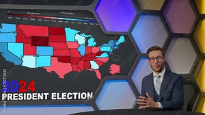 Political News, Presidential Election with Charismatic TV Host Speaking at modern interactive studio. Anchor explaining voting situation on the map by state. Red and Blue, Democrats vs Republicans
