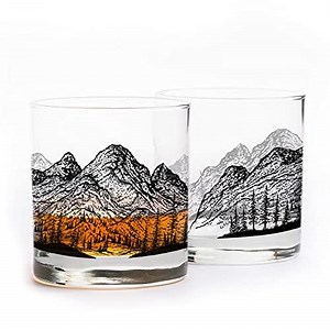 Black Lantern Mountain Panoramic Whiskey Glass Set Set of 2 11oz Heavy Base Old Fashioned Tumblers | Cocktail Glasses with Gift Box