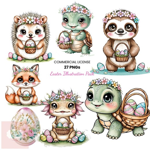 Easter Clipart Bundle PNG, Cute Spring Animals With Eggs, Turtle, Axolotl, Bunny, Chick Easter Graphics, Sublimation & Cricut Design - Etsy