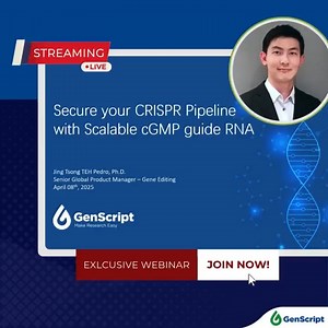 🎙️ 𝙒𝙚𝙗𝙞𝙣𝙖𝙧 𝙎𝙩𝙖𝙧𝙩𝙞𝙣𝙜 𝙍𝙞𝙜𝙝𝙩 𝙉𝙤𝙬! Join Dr. Pedro Teh to explore how GenScript’s cGMP guide RNA solutions can power your CRISPR pipeline 🧬 Don’t miss it! ▶️ Click to join: https://lnkd.in/ex6qwx3s #Webinar #GenScriptEvents #GenScriptWebinar #Biotech #LifeScience #cGMP #CRISPR #BiotechWebinar | GenScript