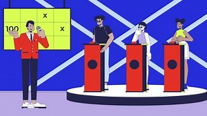 Game show on TV cartoon animation. Gameshow competition broadcasting 4K video 2D motion graphic. Host microphone, participants behind push buzzers animated characters on entertainment background