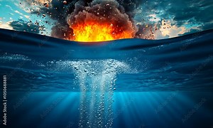 Slow motion VDO of Underwater Explosion with Bubbles and Shockwave Rippling Through Water