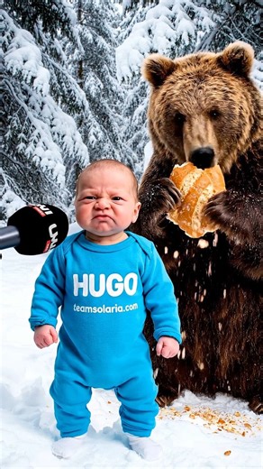 Lien en bio pour faire les mêmes vidéos. Bébé Hugo et l'ours sous la neige et le verglas #teamsolaria #bebe #ia #hugo #drole | Team solaria