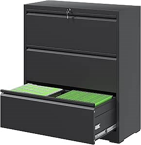 File Cabinets 3 Drawer,Metal Office Storage Filing Cabinet with Lock,Black Lateral Filing Cabinet for Home Office,Horizontal Locking File Cabinets for Legal/Letter/A4,Assembly Require,Black