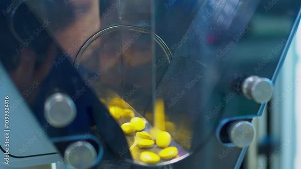 Pharmaceutical production. Modern industrial equipment. Manufactured tablets are moved inside the sorting machine. Close-up of the technological process. Stock Video