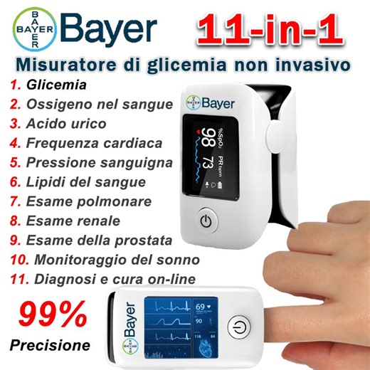 🎉Misuratore di glicemia intelligente non invasivo 11 in 1 di Bayer: il tuo esperto nella gestione della salute! 👋Di' addio agli aghi dolorosi e ai noiosi passaggi dei test! 🌟Non è necessario prelevare sangue, una macchina può eseguire 11 test non invasivi: Glicemia ossigeno nel sangue acido urico frequenza cardiaca pressione sanguigna lipidi nel sangue esame cardiopolmonare test della funzionalità renale monitoraggio del sonno esame della prostata diagnosi e trattamento online 💡Chip sensore 
