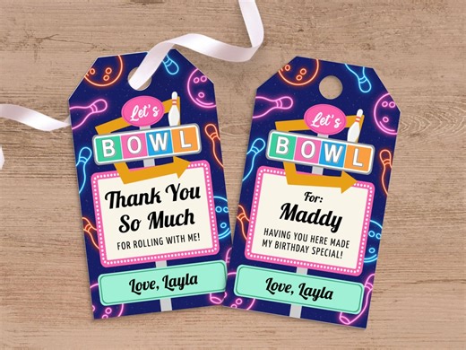 Bowling Party Thank You Tags voor meisje, gepersonaliseerde Retro Neon Let's Bowl verjaardagstags voor kinderen gunstzakken, bewerkbare afdrukbare download CB1 - Etsy Nederland