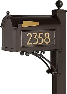 Whitehall Custom Extra Large Mailbox, Capitol Model with Modern Style Address Plaques and Post Package, Sand Cast Aluminum, Bronze Personalized in Goldtone