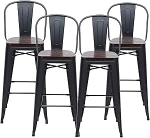 HAOBO Home 26" High Back Metal Counter Stool Height Bar Stools with Wooden Seat [Set of 4], Black