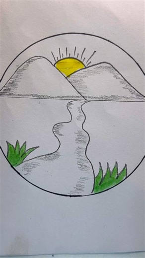 Easy Nature Drawing Tutorial | Mountain, River & Sunset Sketch #shorts