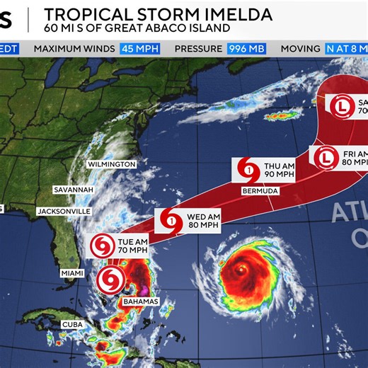 Imelda strengthens into a hurricane off the Bahamas