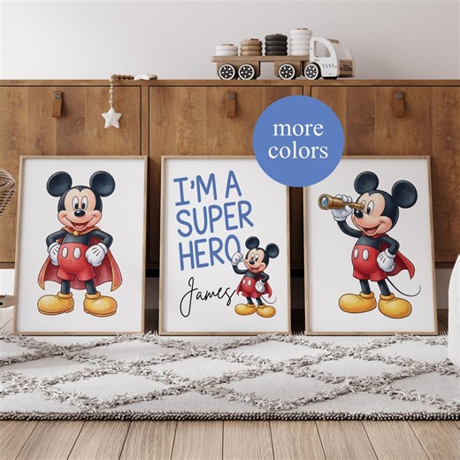 Personalized Mickey Mouse Nursery Wall Art, Superhero Name Print, Boys Room Decor, Disney Printable Poster, Custom Kids Wall Art