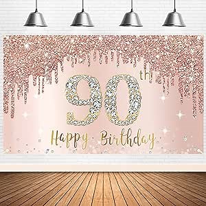Happy 90th Birthday Banner Backdrop Decorations for Women, Rose Gold 90 Birthday Party Sign Supplies, Pink 90 Year Old Birthday Poster Background Photo Booth Props Decor