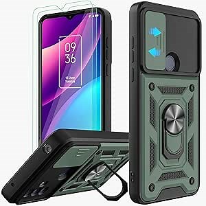for TCL 30 SE Phone Case, with HD Screen Protector [2 Pack], Heavy Duty Shockproof with 360 ° Rotation Metal Kickstand [Military Grade] Protective Case for TCL 30 SE 6.52” (Green)
