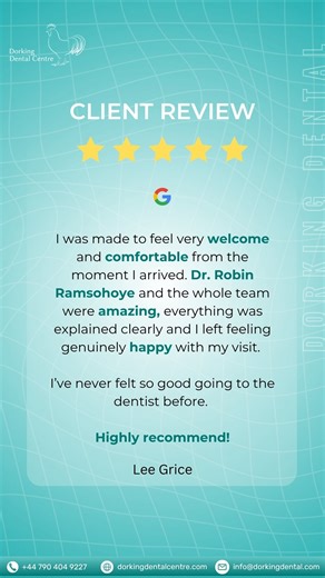 😬 Does visiting the dentist make you anxious? You’re not alone, many people put off appointments because of fear or past experiences. But here’s the truth: at Dorking Dental Centre, comfort always comes first. 🦷💙 Our friendly team, led by Dr. Robin Ramsohoye, takes time to explain every step clearly, so you always feel informed, relaxed, and genuinely cared for — just like Lee did: “I was made to feel very welcome and comfortable from the moment I arrived… I’ve never felt so good going to the
