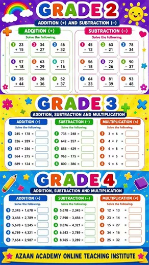 📚 Grade 2:➕ Addition ➖ Subtraction📚 Grade 3 and 4➕ Addition ➖ Subtraction ✖️ Multiplication📚 #math