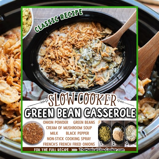 🥘 This slow cooker green bean casserole is creamy, comforting, and frees up your oven for the big day! Crispy onions on top seal the deal. Recipe: https://www.themagicalslowcooker.com/slow-cooker-green-bean-casserole/ | The Magical Slow Cooker