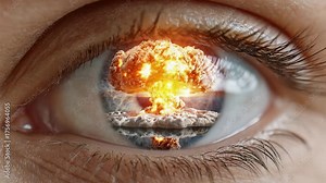 Nuclear Reflection: The reflection of a massive nuclear explosion, symbolizes the threat and impact of nuclear weapons, portrayed within the eye's iris, adding depth to the image