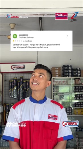 Katanya: pelayanan bagus ✅ harga bersahabat 💸 produk ori 🔧 Tapi kok bintang 1… ⭐️😅 Oh ternyata… - Ingat ya sob, jangan sampai tertipu oleh Shop&Drive palsu! Kalo mau pesan Battery Home Delivery hanya melalui nomor 1500015 atau WhatsApp ke 62 895-3515-00015. Gak cuma praktis, tapi kamu juga bisa klaim garansi aki kamu di seluruh Shop&Drive di Indonesia. Belinya disini, tukarnya bisa dimana aja! Pastikan jangan pernah transfer uang bila aki atau oli belum diganti ya sob! #CallAutoBeres #Call150