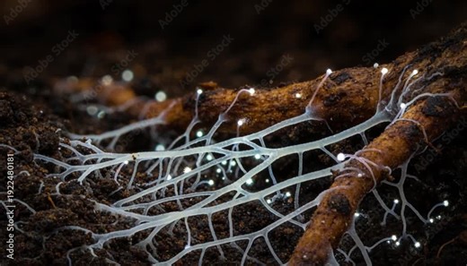 macro mycelium threads linking roots in forest floor perfect for international day of forests