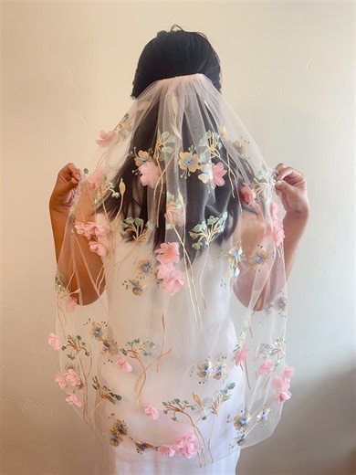 Embroidered Floral Wedding Veil - Pink Sakura Boho Bridal Veil - Etsy