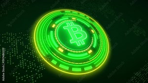 Video animation of bitcoin logo in green with HUD in green and yellow on dark background - digital currency - cryptocurrency