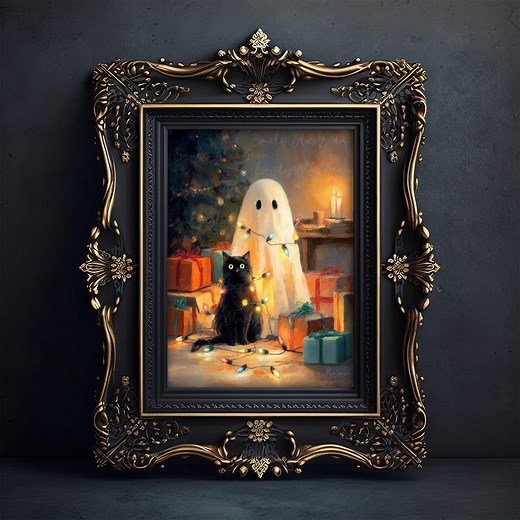 Ghost and Black Cat Christmas Lights Wall Art Poster, Whimsical Holiday Cat Decor, Cozy Spooky Christmas Print, UNFRAMED - Etsy
