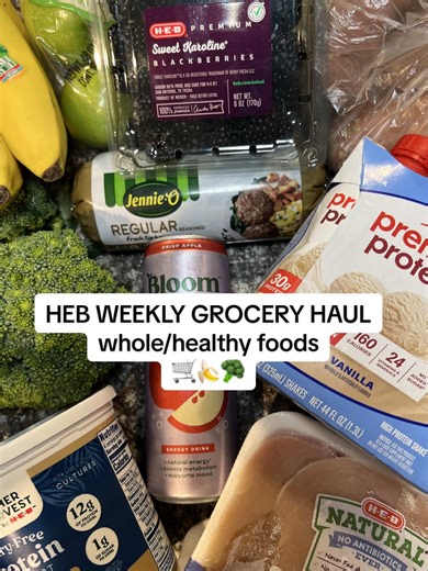 Mini weekly @H-E-B grocery haul. 🍌🥦🛒🍏 Grocery List: • Blackberries • Thin chicken breast • Turkey sausage @Jennie-O Turkey • Broccoli • Bananas • Green apples • Protein yogurt • @Premier Protein shakes • @Bloom Nutrition energy drink • Sweet potatoes #wholefoods #weeklymealprep #groceryhaul #healthygroceryhaul #heb