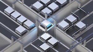 An artificial intelligence transport robot that moves goods in a warehouse. Smart Logistics Concept. 4k animation.