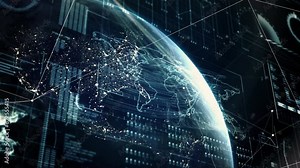 Animation of connected dots over loading bars, speedometer, radar against map and globe