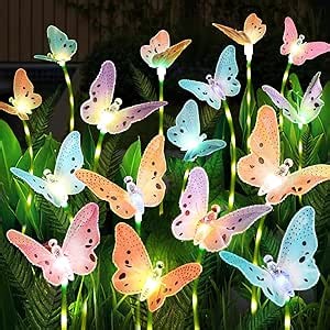 Solar Garden Lights 4 Pack Waterproof Decorative Solar Lights Outdoor with Glowing Stems,7-Color Changing ‎Fiber Optic Butterfly Light for Outside Yard Lawn Garden Decor, Gifts for Women