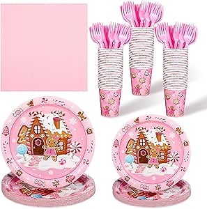 Zubebe 120 Pcs Pink Christmas Gingerbread Man Party Supplies Decorations Disposable Tableware Paper Plates Napkin Cups Dinnerware for Gingerbread House Candy Birthday Decorations, Serves 24 Guests